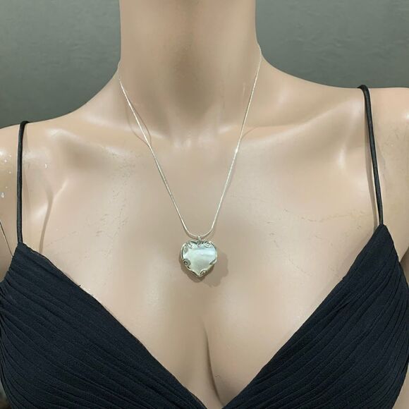 Sterling Silver  Heart Shaped Genuine Mother of Pearl Necklace - Picture 2 of 13